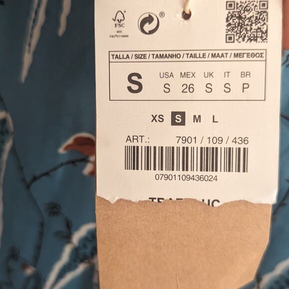 NEW Zara Asian Inspired Blue Floral Midi Dress Deep Vneck Front Back Small - Picture 5 of 8